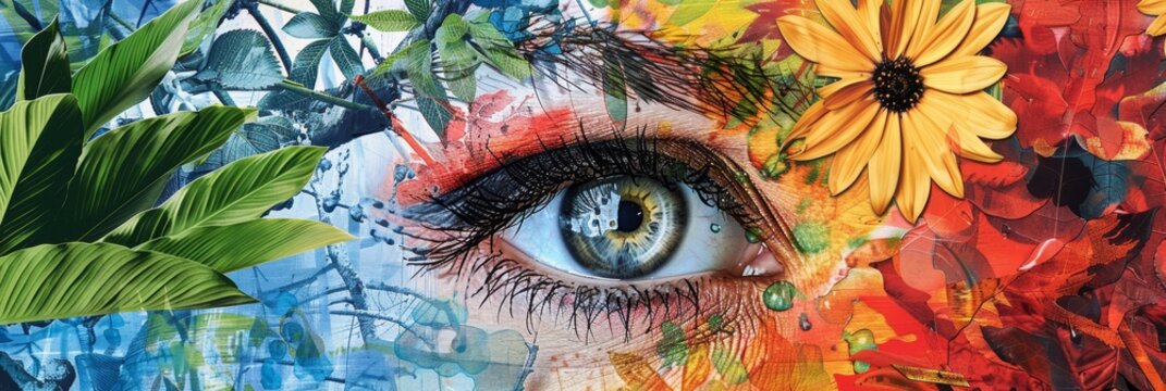 poster collage for the eye of a woman with flowers and nature elements