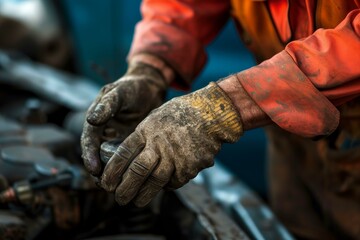 Closeup of greasy hands fixing machinery, depicting hard work and expertise