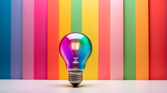 Colorful light bulb on multi color background, copy space