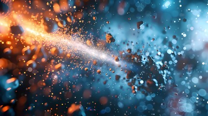 A scene of a particle jet, with a background of particles of matter and energy
