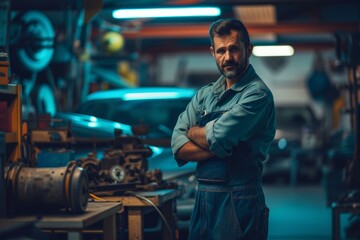 Confident and skilled mechanic with crossed arms standing in a small business workshop wearing blue collar workwear and demonstrating expertise and professionalism in the automotive industry