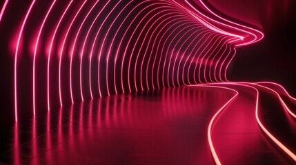 A 3D render of an abstract neon background with dynamic glowing lines reflected on the dark floor.

