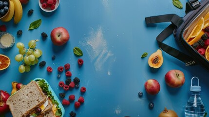An overhead view of a lunchbox filled with sandwiches, fruits, and berries, depicting a nourishing school break.

