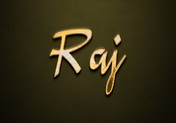 Old gold text effect of Hindi name Raj with 3D glossy style Mockup.
