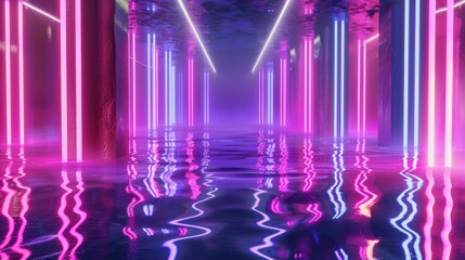 A 3D illustration of neon lights glowing with reflections on water, creating an abstract exhibition background.

