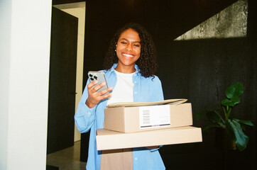 Film Photo Businesswoman Multitasking with Tech Portrait with flash