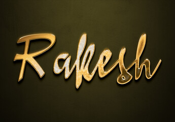 Old gold text effect of Hindi name Rakesh with 3D glossy style Mockup.