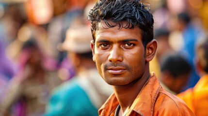 Obraz premium young indian man standing at public crowd