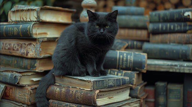superstitions and symbols, a dark cat sits on a pile of books, symbolizing mystical beliefs about fate and fortune