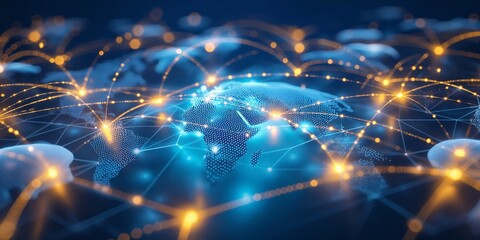 Fototapeta premium Global network connections on a digital world map. Blue tone with glowing lines representing communication and internet connectivity.