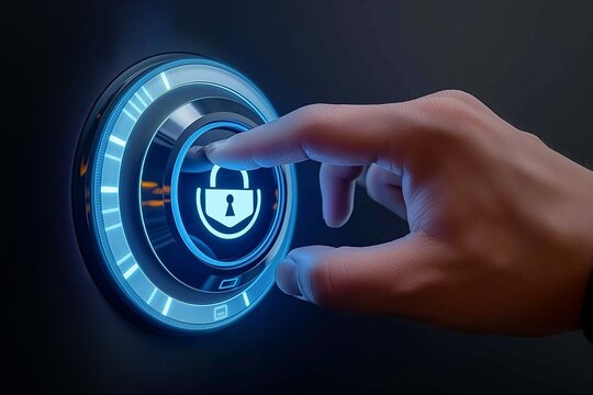 Hand touching futuristic digital lock screen interface, symbolizing cybersecurity, data protection, and advanced technology.