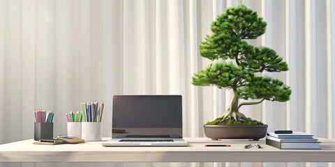 Japanese Minimalist Desk: A clean desk with a simple laptop, neatly organized stationery, and a small bonsai tree, representing the organizational skills and aesthetics 