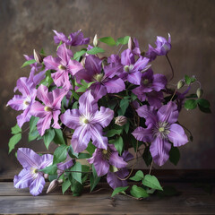 lilac clematis florida taiga on wooden background