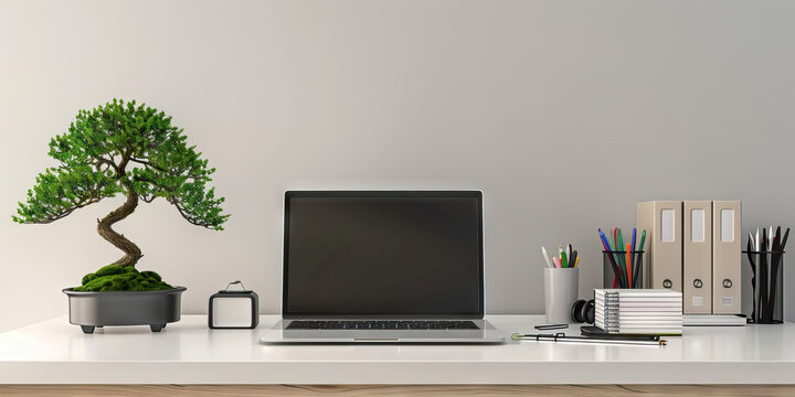 Japanese Minimalist Desk: A clean desk with a simple laptop, neatly organized stationery, and a small bonsai tree, representing the organizational skills and aesthetics 