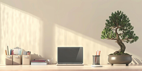 Japanese Minimalist Desk: A clean desk with a simple laptop, neatly organized stationery, and a small bonsai tree, representing the organizational skills and aesthetics 