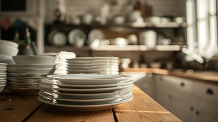 A set of clean dishes neatly arranged on a table.


