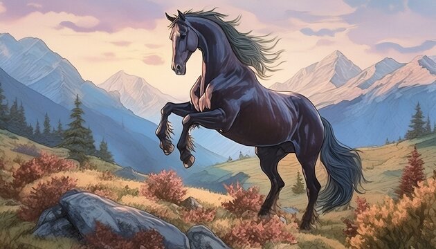 A black stallion in the mountains 