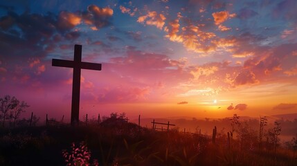 Cross Silhouette in Colorful Sunset Sky 8K Realistic Rendering

