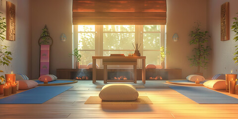 Yogi's Zen Den: A simple desk in a serene yoga studio, with incense, meditation cushions, and yoga mats, representing a peaceful yoga instructor guiding students through their practice