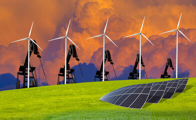Clean energy concept - Renewable Wind Energy vs Fossil Fuels Concept - Oil Pump and Wind Turbines ...