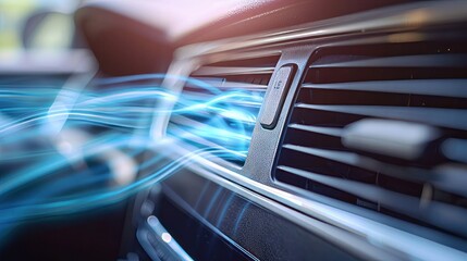 A close-up of car air conditioner vents with streams of blue air flow representing air purification and filtration.


