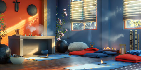 Yogi's Zen Den: A simple desk in a serene yoga studio, with incense, meditation cushions, and yoga mats, representing a peaceful yoga instructor guiding students through their practice