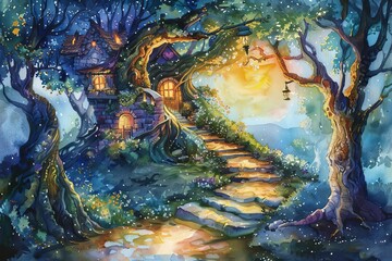 Naklejka premium Whimsical fantasy forest with magical treehouse, glowing lights, and winding stone path at twilight. Enchanting digital artwork.