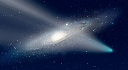 Comet on the space with Andromeda galaxy in the background  
