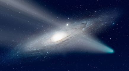 Comet on the space with Andromeda galaxy in the background  "Elements of this image furnished by NASA "