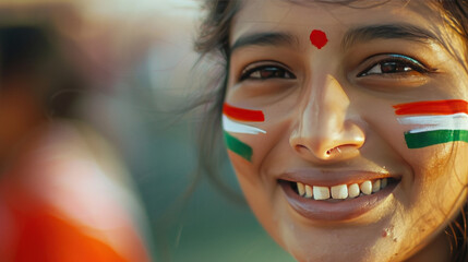 Young Indian woman with indian flag painted on cheek