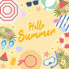 Hello summer vacation background vector illustration with summer beach concept for banner, poster and card template
