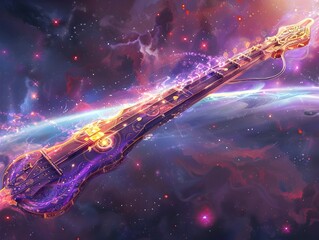 Obraz premium Cosmic Sitar Emitting Ethereal Waves Across the Galactic Expanse