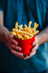Hands of person holding french fries
