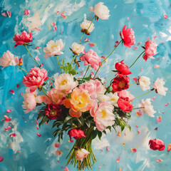 bouquet of white, pink and magenta peonias on blue background