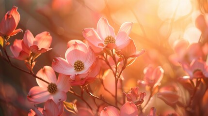 A beautiful dogwood shrub with pink blossoms bathed in sunlight.

