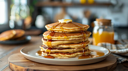 A big stack of breakfast pancakes with syrup and butter on a kitchen table.