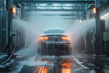 Illuminated rear view of a car in an automatic car wash station, with soap foam and water jets