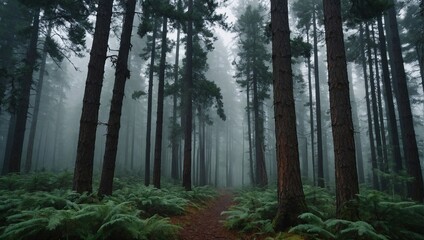 Obraz premium A dense forest of towering pine trees
