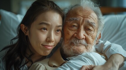 cross-cultural caregiving, a caring asian nurse supports an elderly caucasian patient in a hospital room, making him comfortable with soft music in the background, creating a peaceful environment
