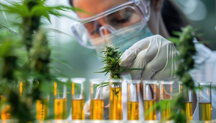Researcher comparing different hemp extracts for cannabinoid profiles in a lab focus on, comparison theme, dynamic, double exposure, sample vials as backdrop