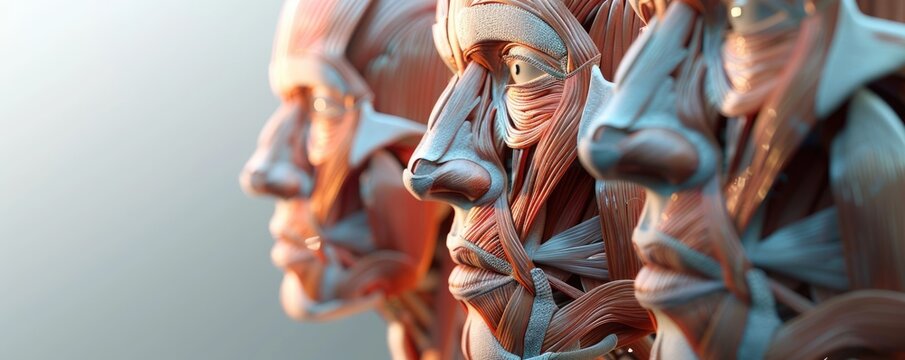 3D scene of the human facial muscles showing detailed anatomy close up, educational theme, realistic, double exposure, medical diagram as backdrop