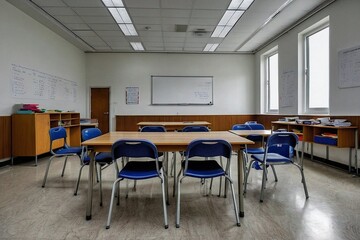 Educational classroom setup with a solid white background