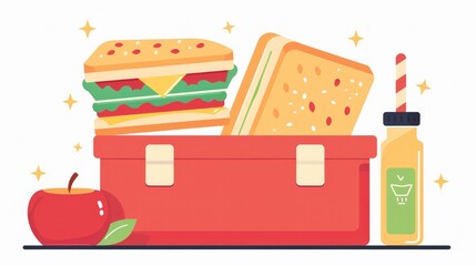 A colorful lunch box filled with a sandwich, apple, and cookies, perfect for kids.

