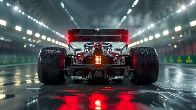 Photorealistic rear view of an F1 car in full throttle, glistening under stadium lights, exhaust releasing smoke, sharp focus on spoiler and rear tires.