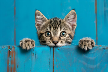 Kitten head with paws up peeking over blue wooden background. Little tabby cat curiously peeking...