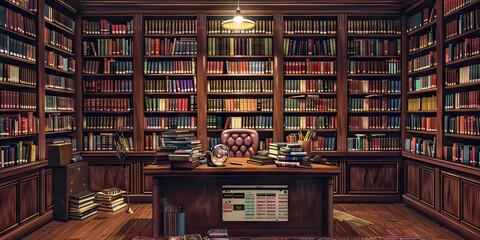 Librarian's Reading Room: A cozy desk surrounded by bookshelves in a quiet library, featuring a card catalog and a magnifying glass, signifying a knowledgeable library professional assisting patrons.