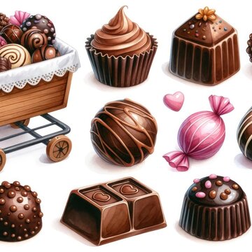 A variety of delicious chocolates, including bonbons, truffles, and cupcakes.