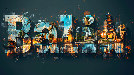 Obraz premium Bali city destination poster in the style of film photo montage depicting iconic landmarks and scenes from the city. Vacation and international travel concept.