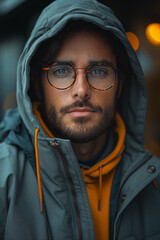 ein Mann in grauer Jacke und Brille