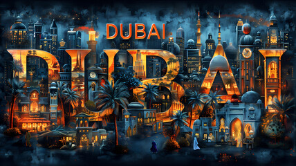 Dubai city destination poster in the style of film photo montage depicting iconic landmarks and scenes from the city. Vacation and international travel concept.